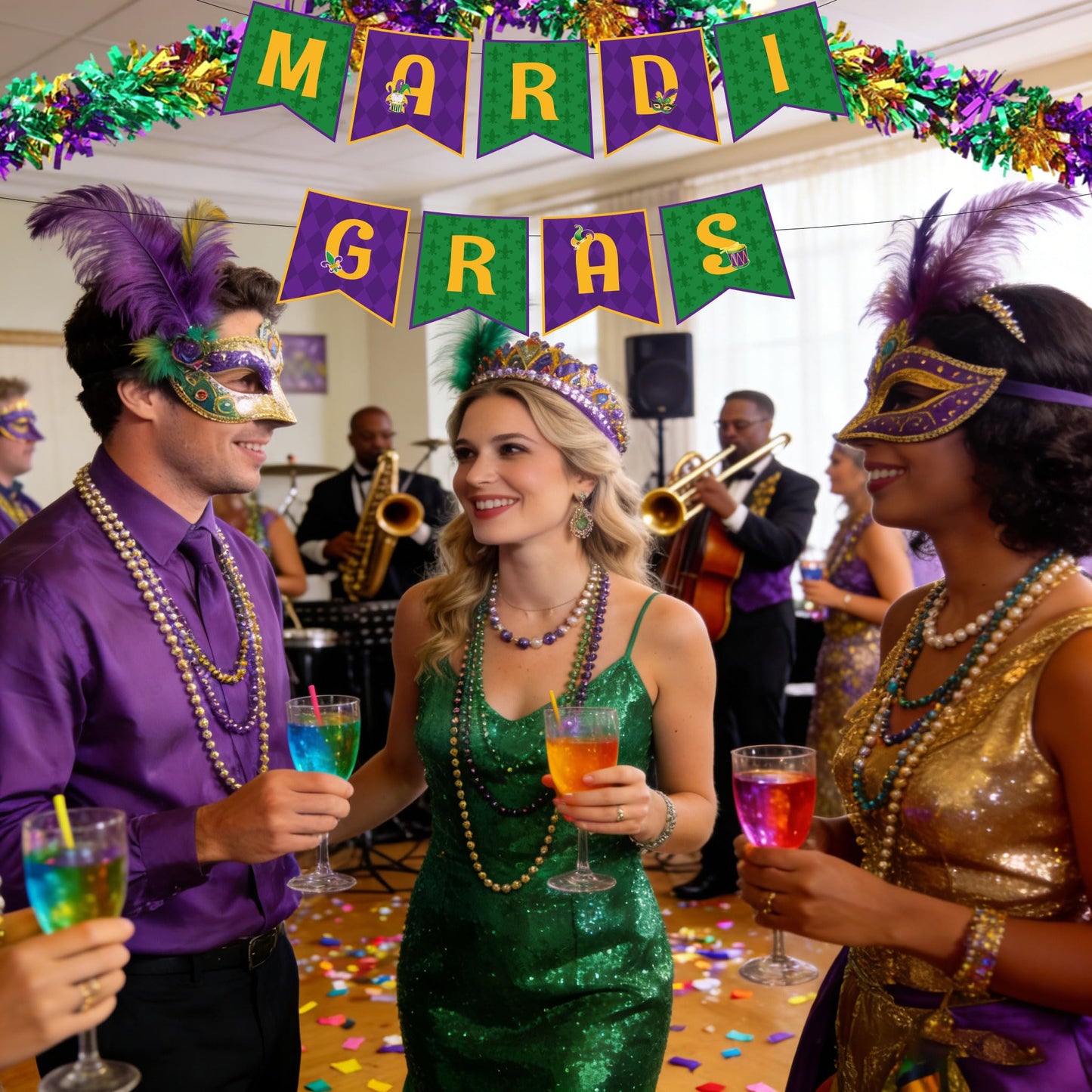 Pezutoi Mardi Gras Golf Cart Decorations Purple Green Gold Decor with Banner Tinsel Flags Garlands Cutouts
