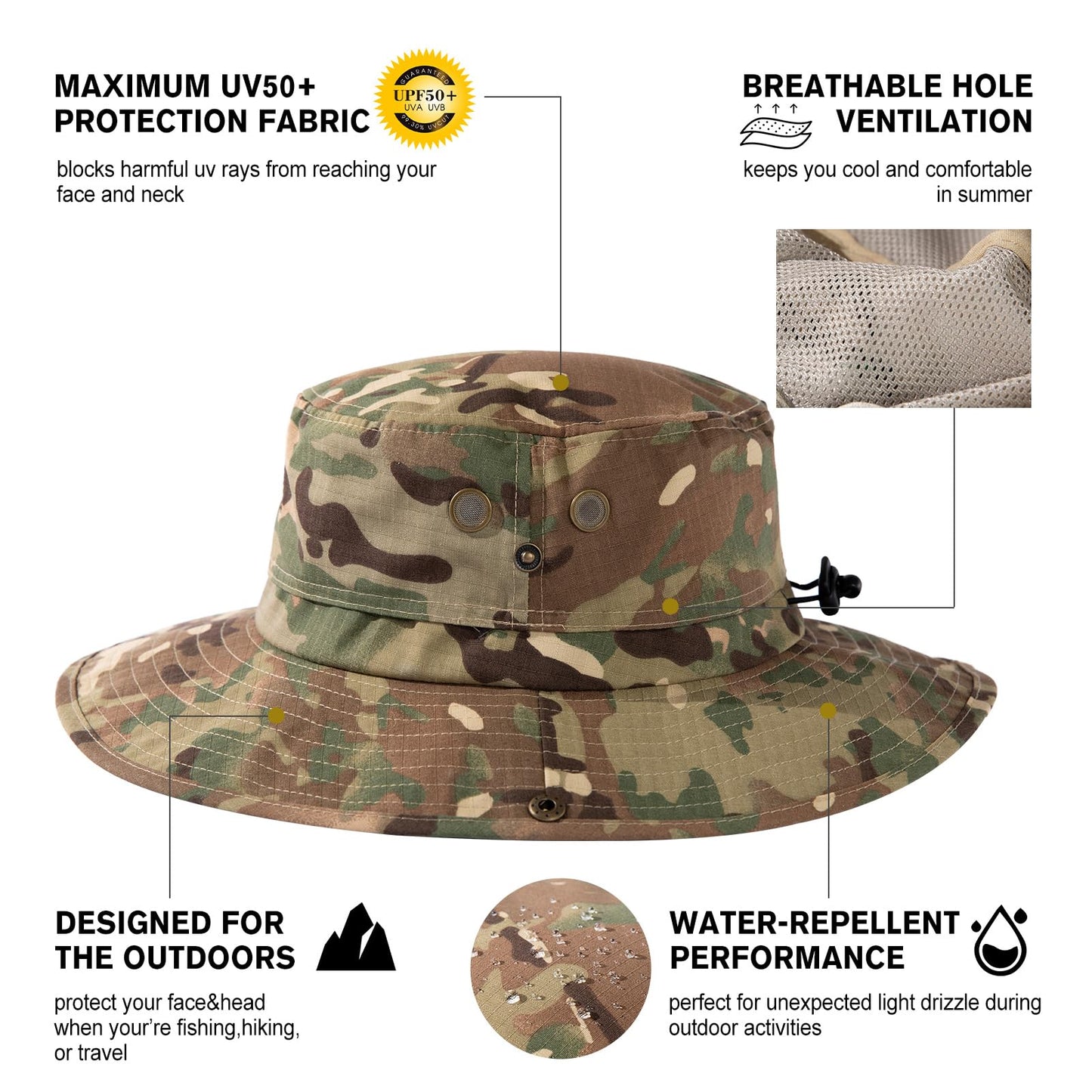 Comhats UPF 50 Sun Hats for Men Wide Brim Summer Safari Fishing Hiking Boonie Waterproof Camo Army Green X-Large XX-Large XL XXL Oversized