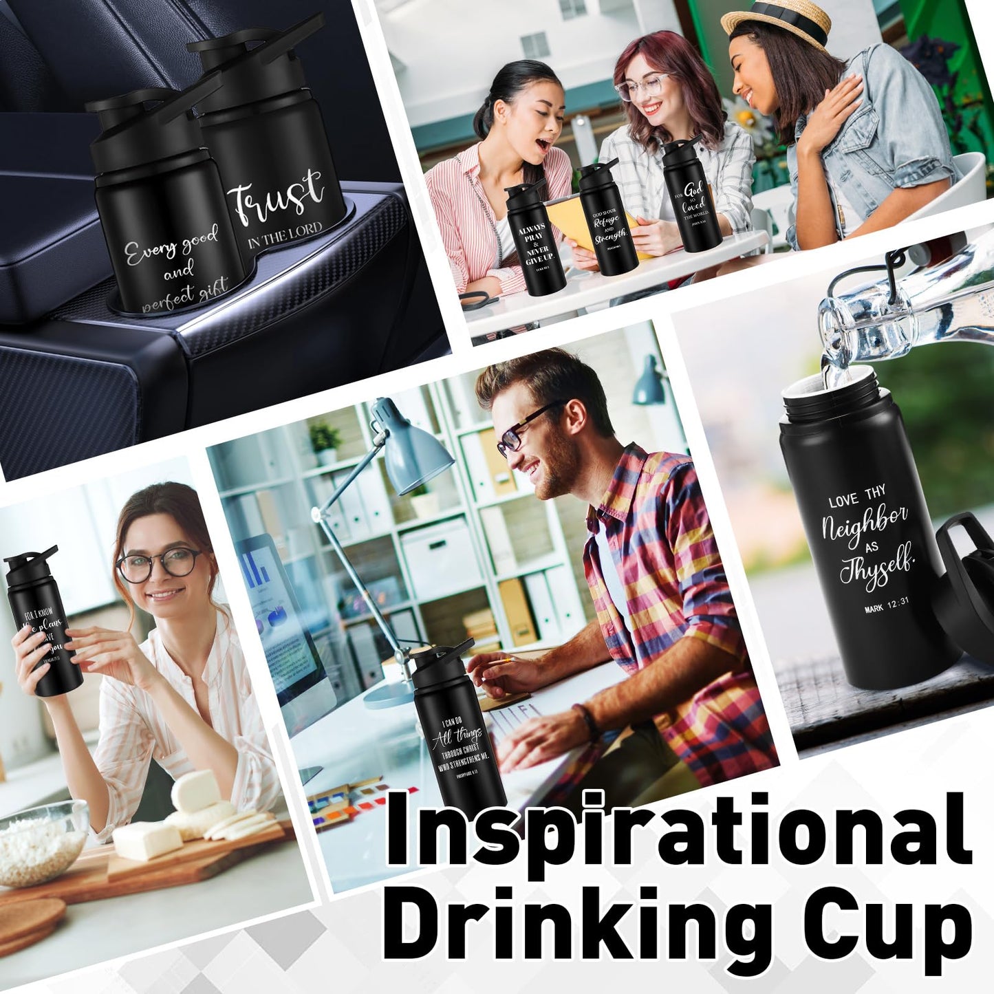Skybooly 10 Pcs Christian Religious Aluminum Water Bottles Bulk 20oz Father's Day Bible Verse Leakproof Reusable Sport Bottle Gift for Church Men Teacher Nurse Gym Travel(Black,English)