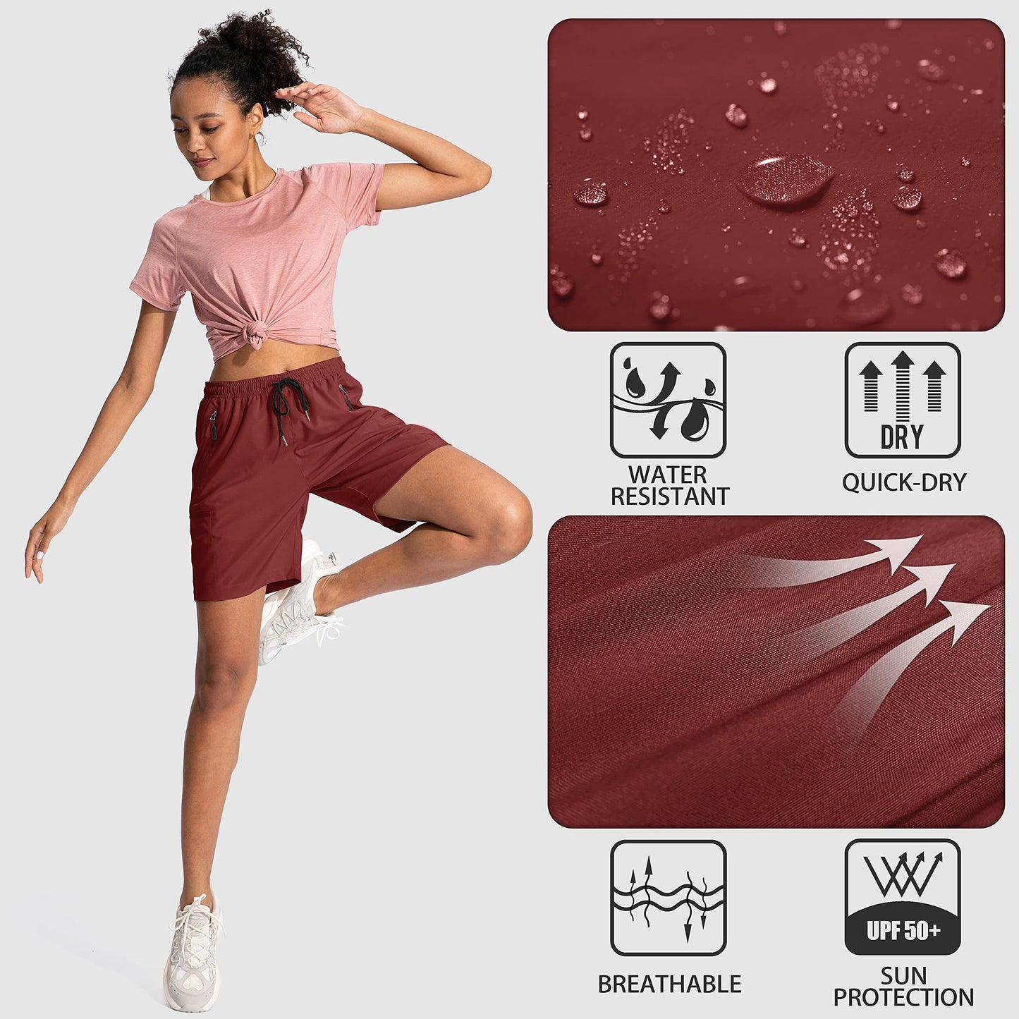 SANTINY Women's 5''/ 7''/9'' Hiking Cargo Shorts Quick Dry Lightweight Summer Shorts for Women Athletic Golf Zipper Pockets(Maroon_M)