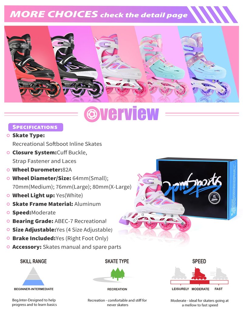 2PM SPORTS Vinal Inline Skates for Girls Boys Kids Ages 5-8 8-12 with Adjustable Illuminating Wheels, Inline Roller Skates for Youth Women Men - White Pink Large