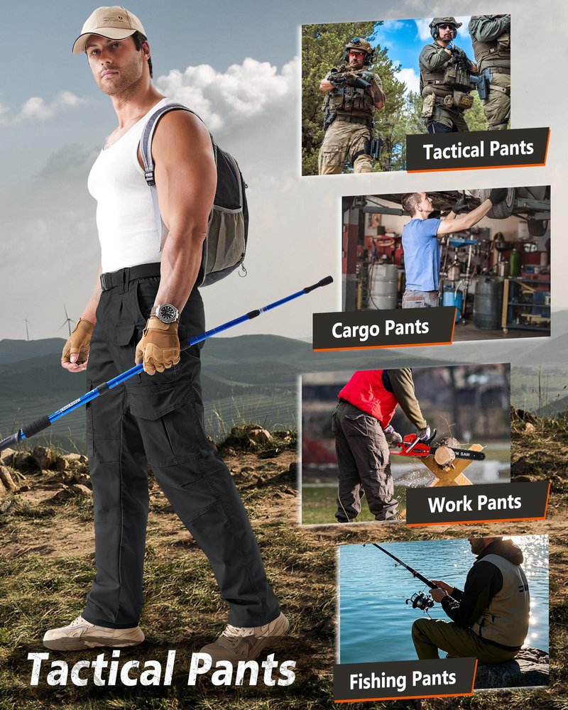 IGOLUMON Men's Stretch Tactical Pants, Ripstop Cargo Pants Outdoor Lightweight EDC Hiking Work Pants with 10 Pockets, Black