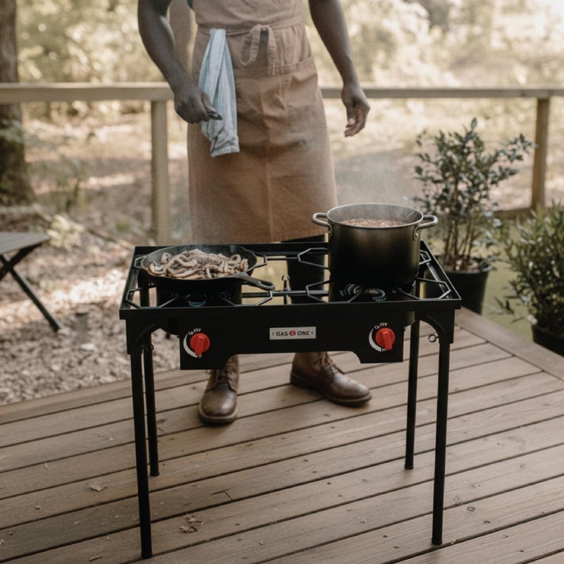 Gas One B-4545A Propane Double Burner Two Burner Camp Stove Outdoor High Pressure Propane 2 Burner Adjustable PSI Regulator and 4ft Hose With Removable Legs