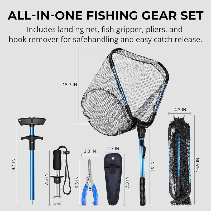 Foldable Kayak Landing Net - 4-Piece Fishing Tool Kit with Pliers, Fish Gripper & Hook Remover | Freshwater & Saltwater Use