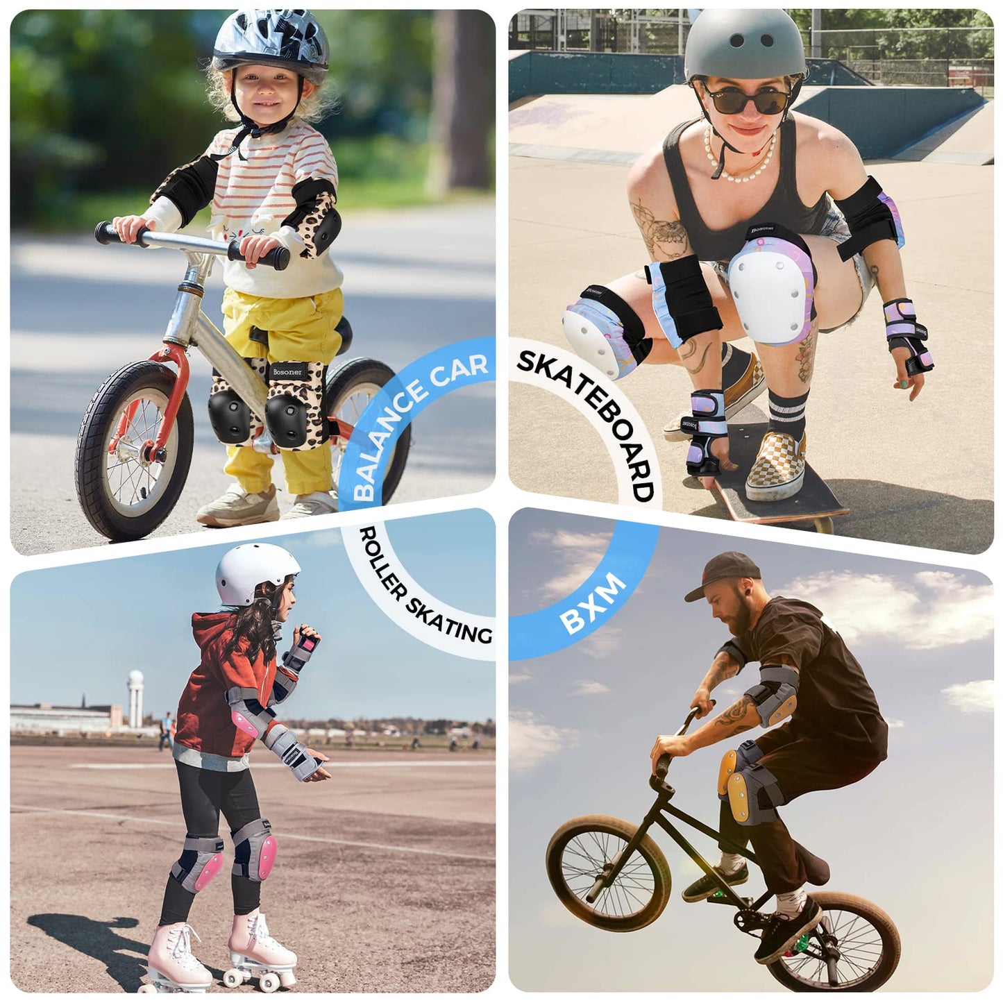 BOSONER Adult/Women/Kid Knee Pads Elbow Pads Wrist Guard 6 in 1 Protective Gear Set for Skating Skate Skateboarding BMX Bicycle Inline Roller for Men Women Child Kids