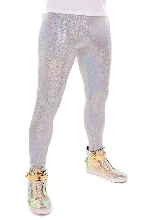 Revolver Fashion / Funstigators Festival Clothing: Men's Holographic Disco Meggings - Made in USA (Holographic Grey, XL)