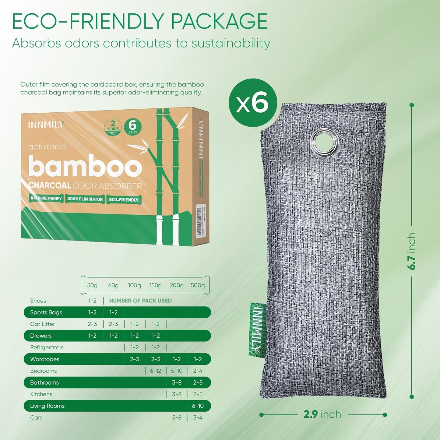 Activated Charcoal Odor Absorber - Bamboo Charcoal Air Purifying Bags for Home, Car & Closet | 6 x 50g