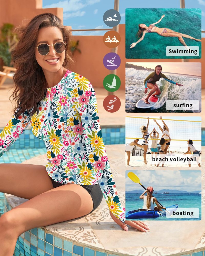 WOWENY Women Rash Guard Long Sleeve Swimsuit Top UPF 50 Sun Protection Swim Shirts Half Zip Bathing Suit No Bottom(A-White | Floral1, Large)