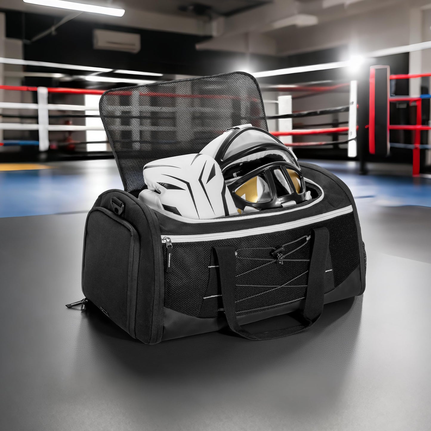 DSLEAF Boxing Gym Bag with Shoe Space and Expanded Design, Boxing Duffle Bag with Ventilated Mesh for All Gear, Suitable for MMA, BJJ, Kickboxing, Muay Thai and Other Combat Sports