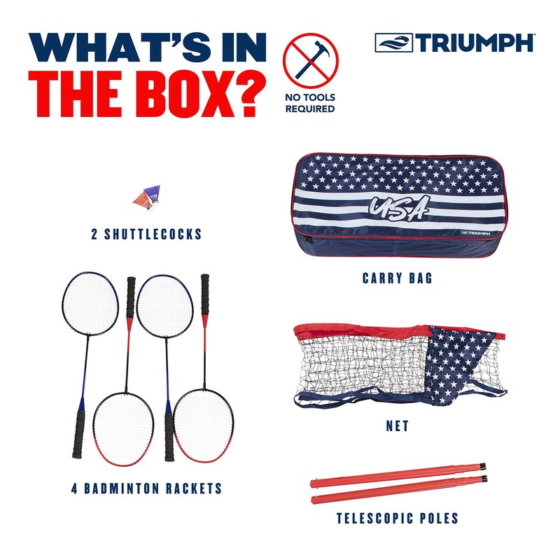 Triumph Patriotic Portable Badminton Set with Freestanding Net, 4 Rackets, 2 Shuttlecocks, and Carry Case – All-in-One Outdoor Game for Backyard, Beach, Camping, and Family Fun