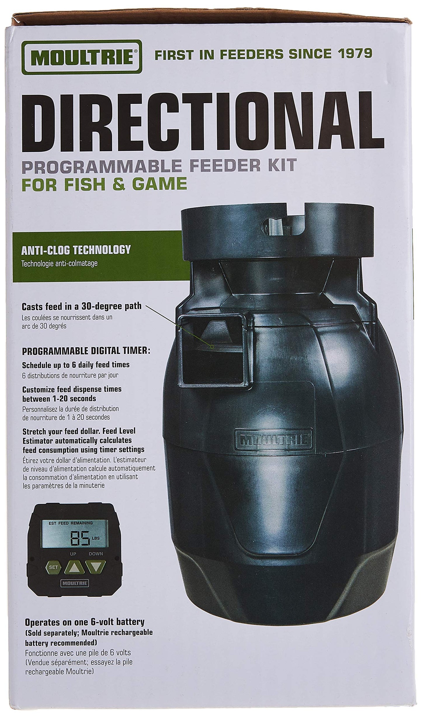 Moultrie Quick-Lock Directional Feeder Kit - Programmable Digital Timer - Anti-Clog Technology - 30-Degree Targeted Feed Dispersion - Tool-Free Quick-Lock System - Durable All-Weather Design
