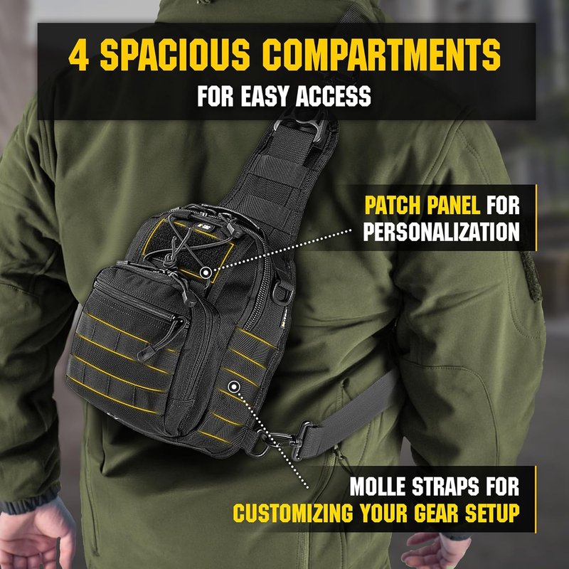 Tactical Crossbody Sling Bag for Men - Black Military EDC Backpack | Versatile Travel Chest Pack with Carabiner