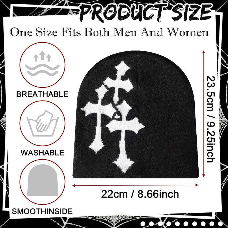6 Pcs Y2K Knitted Beanies Spider Web Star Letters Pattern Beanie Cross Graphics Knitted Hat Casual Streetwear Outdoor Sports Trend Beanie for Men Women Black