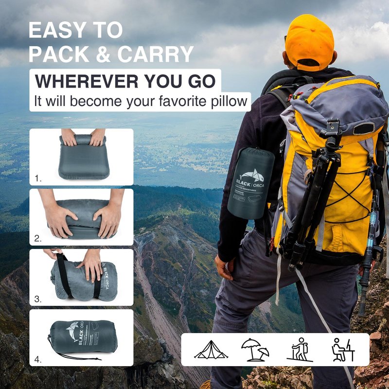 BLACK ORCA Memory Foam Camping Pillow, Lightweight & Portable Travel Pillow, Backpacking Pillow with Removable Cover, Ergonomic Pillows, Neck Lumbar Support for Outdoor Camp, Hiking, Backpacking Sleep