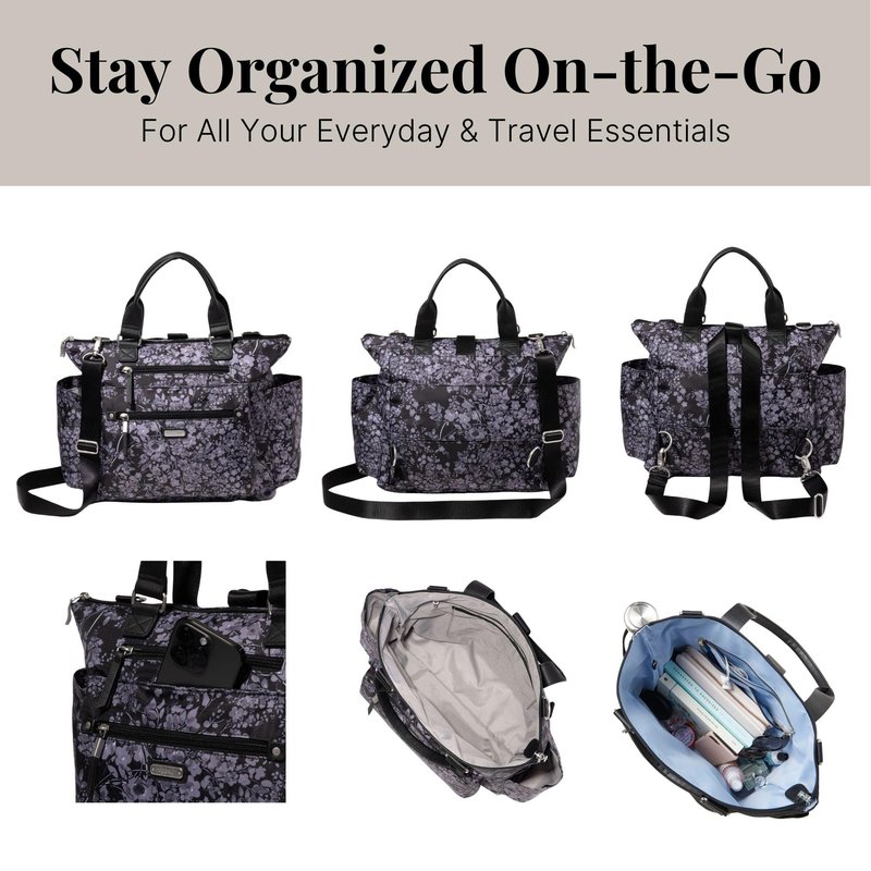 Baggallini Womens 3-in-1 Convertible Backpack, Black Hydrangea, One Size US