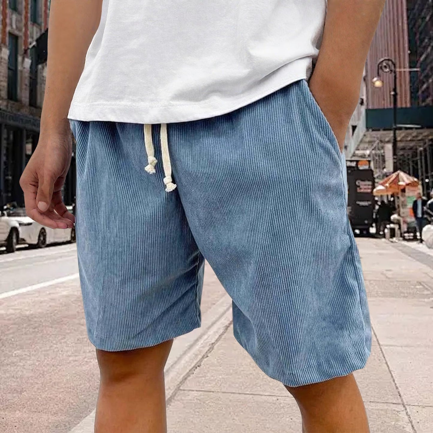 Zaswen Men's Corduroy Daily Wear Short Pants 2025 New Summer Elastic Waist Shorts Drawstring Beach Travel Distressed Shorts Blue 4XL