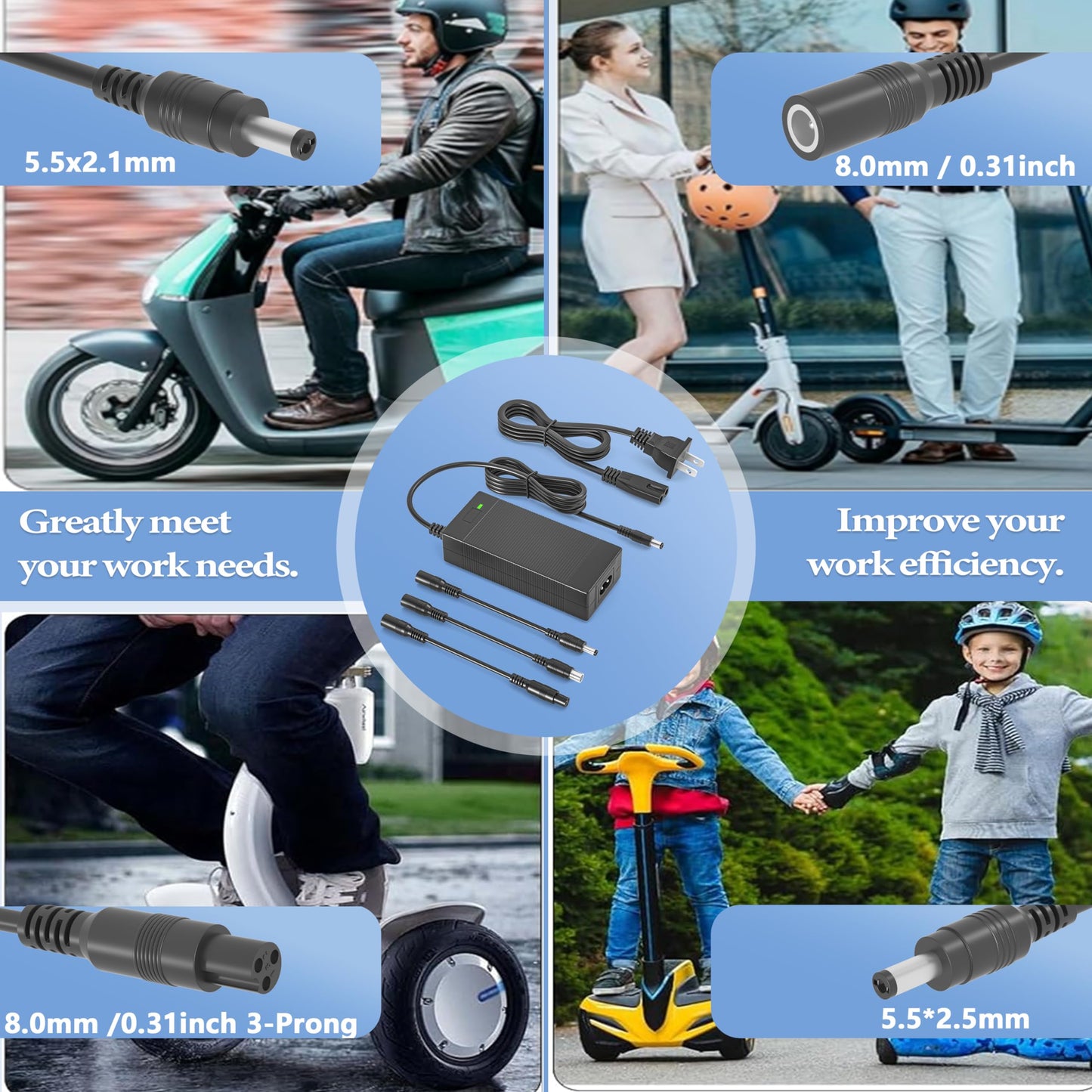 DMMNS 42V 2A Charger with 4 Tips (5.5x2.1/5.5x2.5/8mm 3-Prong/RCA) Compatible with Hiboy,Gotrax,Swagtron Universal for 36V/42V Scooter Battery