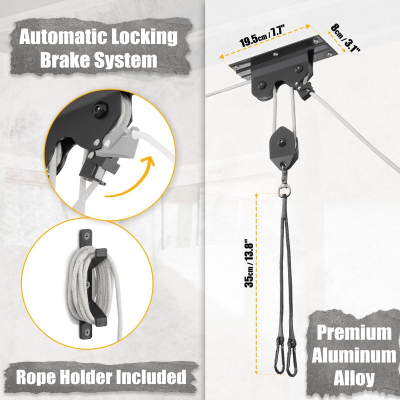 CyclingDeal Ceiling-Mounted Bike Hoist Rack - Secure Bike Storage Ceiling Bike Hangers for Garage - Safe & Easy Lifting for Garage Bicycle Hanger Bike Storage Rack - Premium Rope & Bike Hooks