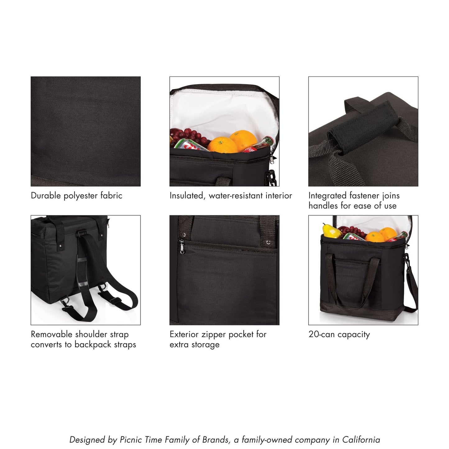 PICNIC TIME Montero Tote Cooler Bag, Versatile Insulated Cooler Bag with 20-Can Capacity, Soft Insulated Tote with Water-Resistant Interior Liner, Zipper Pockets, Converts to Backpack Straps, (Black)