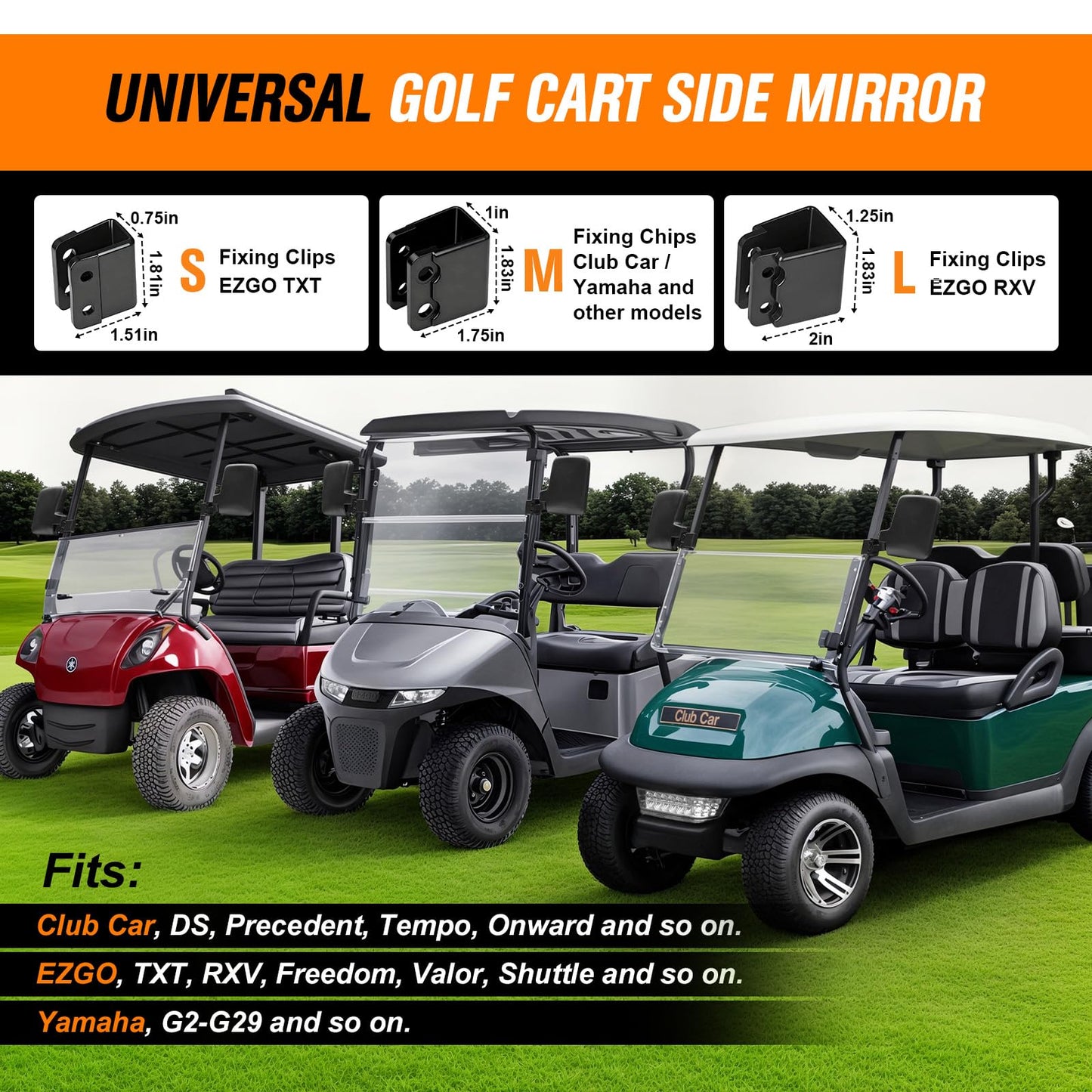 GODCTSUP Golf Cart Mirrors, No Drilling Golf Cart Side Mirrors for Club Car EZGO YAMAHA and Others Square Tube Carts Roof Bracket(0.75/1/1.25 inch), Durable Anti-Shudder, 180 Degree Rotation
