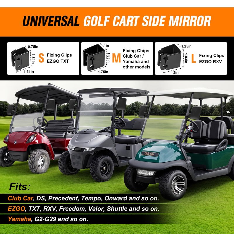 GODCTSUP Golf Cart Mirrors, No Drilling Golf Cart Side Mirrors for Club Car EZGO YAMAHA and Others Square Tube Carts Roof Bracket(0.75/1/1.25 inch), Durable Anti-Shudder, 180 Degree Rotation