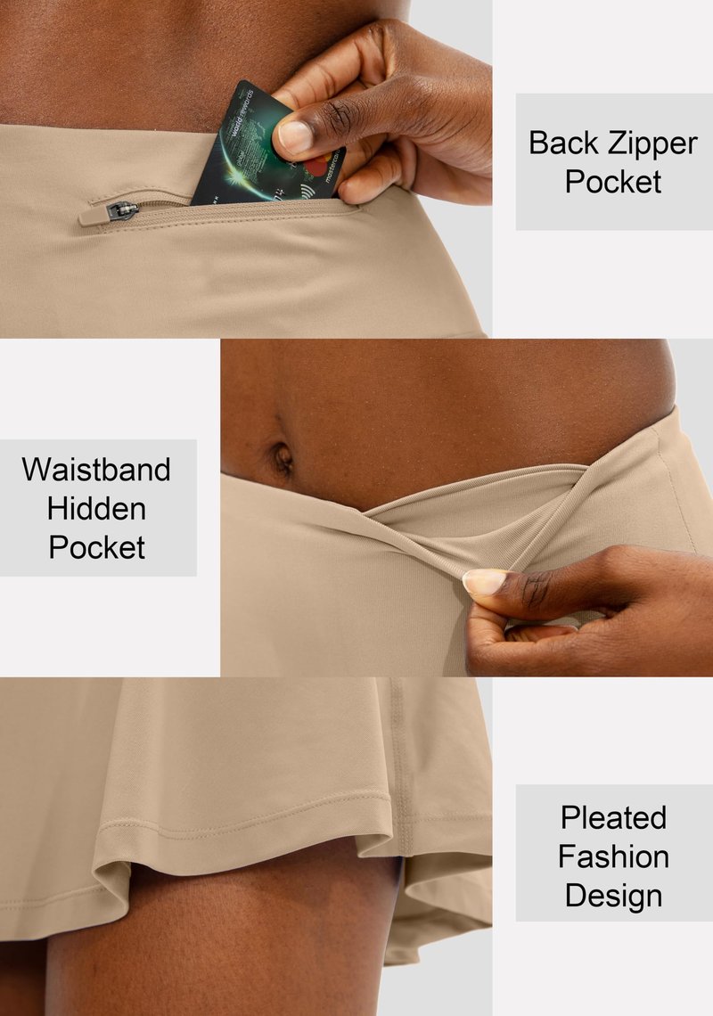 SANTINY Pleated Tennis Skirt for Women with 4 Pockets Women's High Waisted Athletic Golf Skorts Skirts for Running Casual (Khaki_XS)