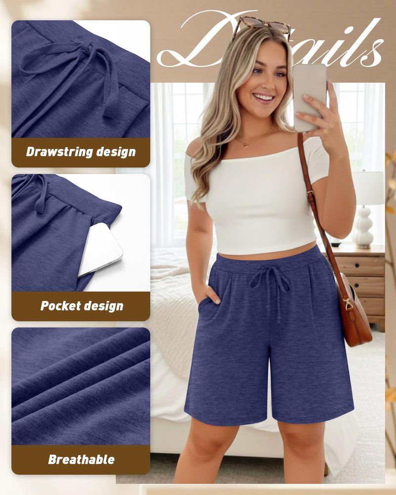Huukeay 3 Pack Women's Plus Size Bermuda Shorts Casual Knit Drawstring Knee Length Walking Shorts with Pockets(Black,Heather Gray,Dark Blue,3X-Large)