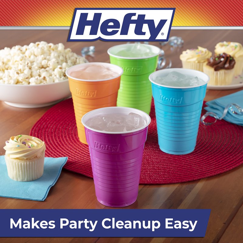 Hefty Party On Disposable Plastic Cups, Assorted, 16 Ounce, 100 Count