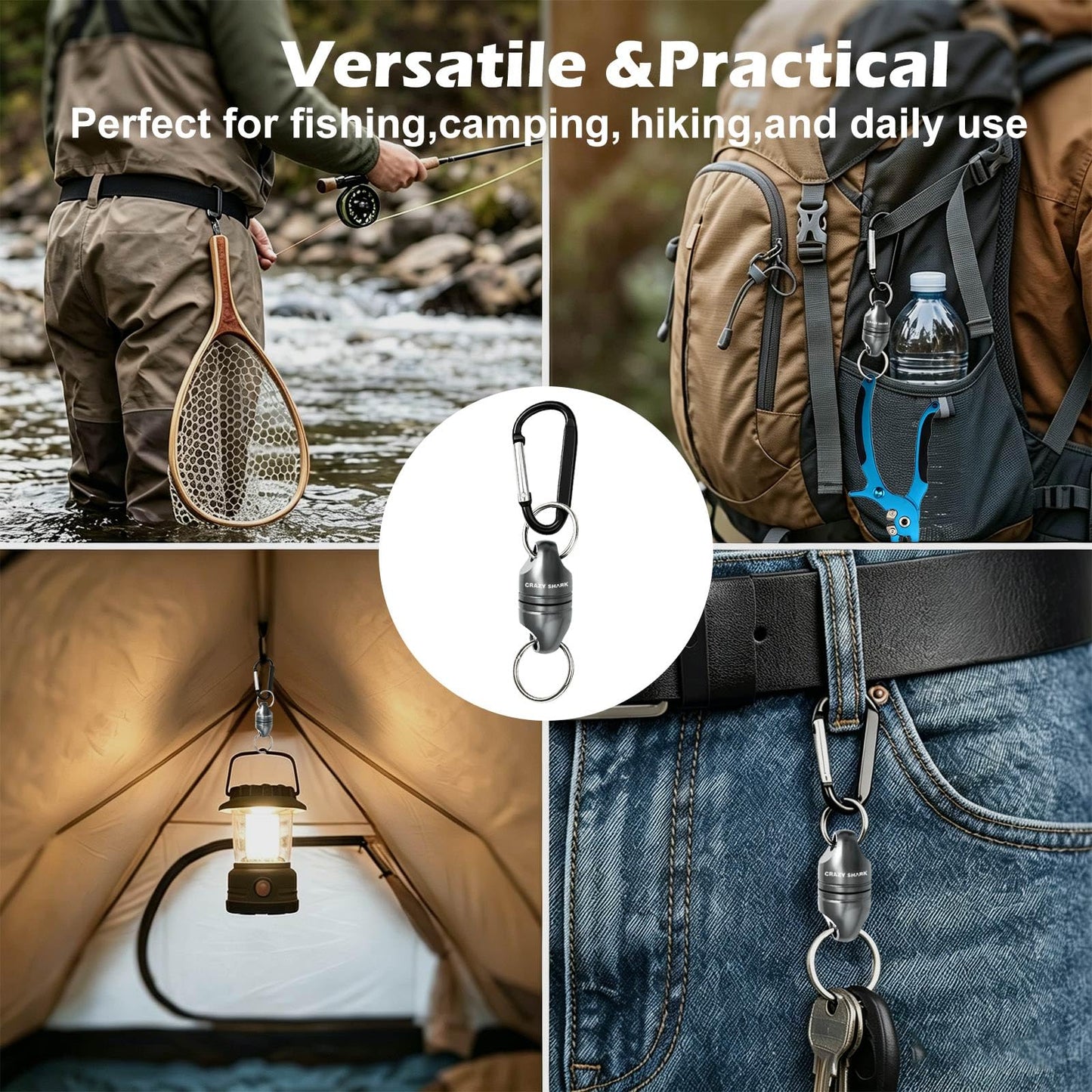 CRAZY SHARK Magnetic Net Release for Fly Fishing, Aluminum Fishing Net Magnet, Fly Fishing Net Holder Retractor with Carabiner Gun Metal