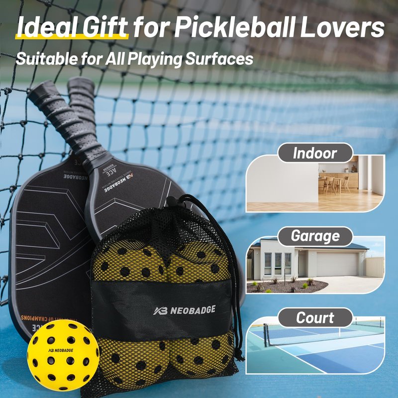 Neobadge Silent Foam Pickleball Balls - Quiet Practice for Indoor & Outdoor, Real Pickleball Feel, High-Density Foam, 40 Recessed Holes (Yellow(Black Dots))