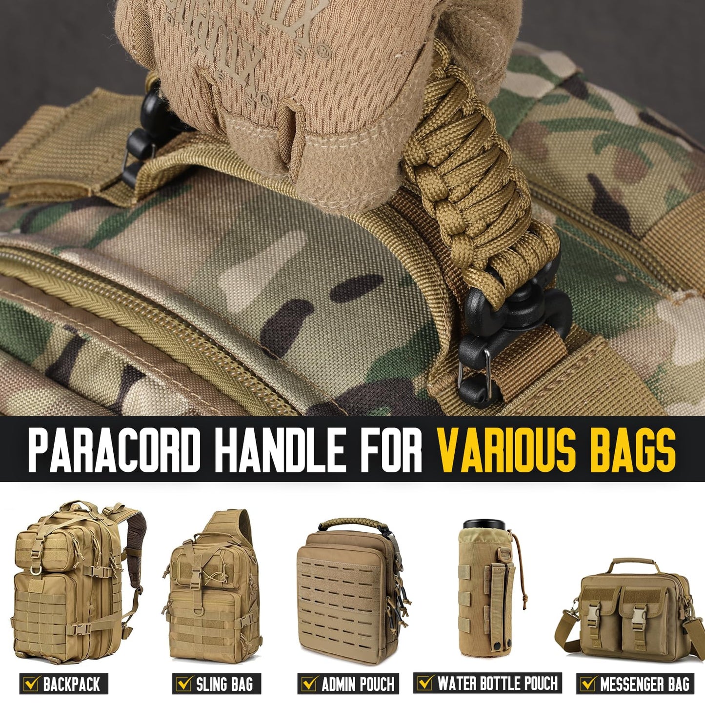 Pitozer Tactical Paracord Handle,9-core Weaving Paracord Strap for Backpack Handle Replacement,Molle Attachment with Plastic Clips for Tactical Bag Accessory,Sling Bags(7.9"/20cm Optimal spacing)
