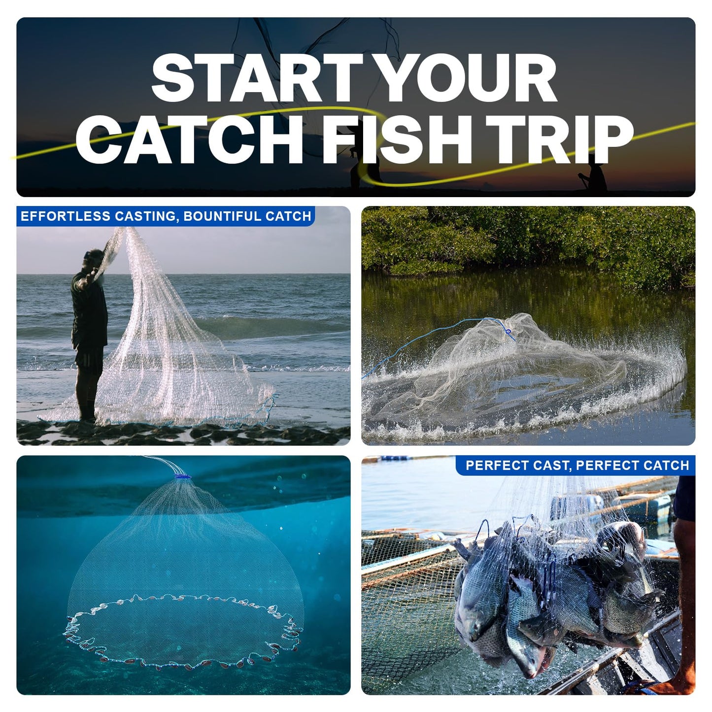 Goture American Fishing Cast Net Saltwater Freshwater,3/8in Mesh Size Casting Net for Bait Fish Shrimp Trap,Heavy Duty Sinkers Dual Color Double Selvage,3ft-12ft Radius Throw Cast Net with Needle