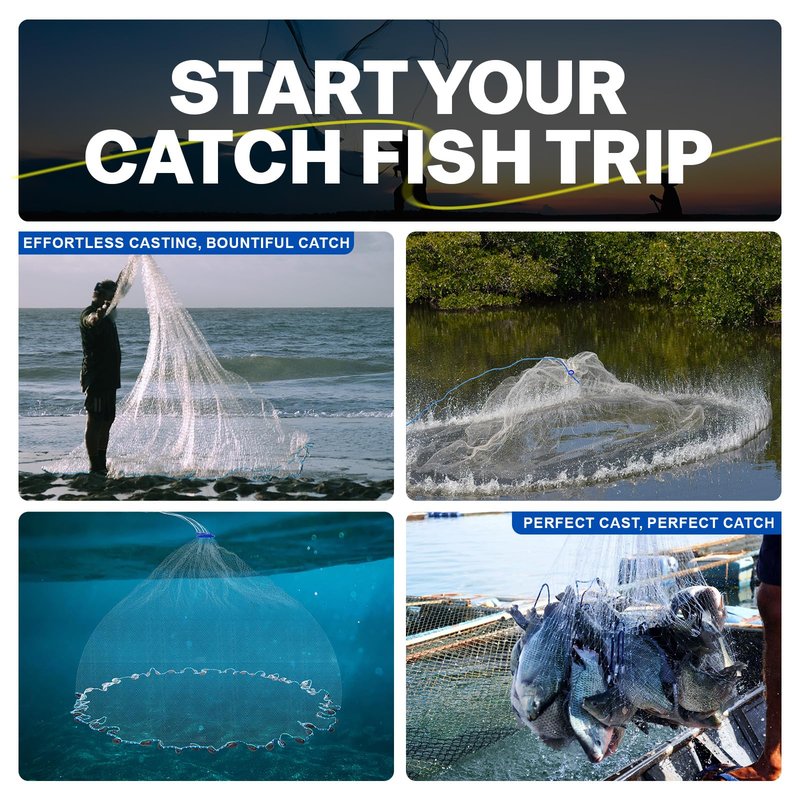 Goture American Fishing Cast Net Saltwater Freshwater,3/8in Mesh Size Casting Net for Bait Fish Shrimp Trap,Heavy Duty Sinkers Dual Color Double Selvage,3ft-12ft Radius Throw Cast Net with Needle