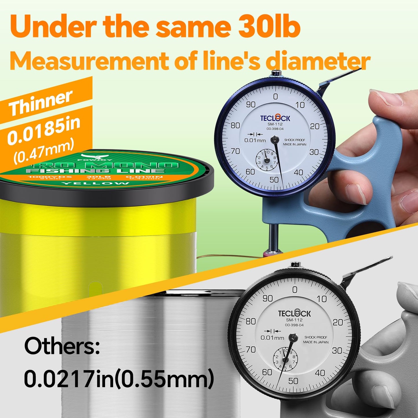 POWJOY 30LB Monofilament Fishing Line - 1050 Yards Spool, 0.018" Diameter - Strong Yet Ultra Thin for Longer Casting - High-Visibility Yellow & Fade-Resistant - Ideal for Murky Water & Ice Fishing