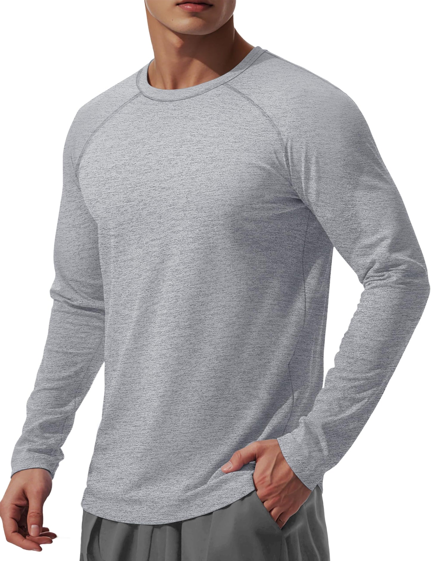 MAGCOMSEN Mens Long Sleeve Shirts UPF 50 Workout Moisture Wicking Quick Dry T Shirts Athletic Fishing Hiking Tee Light Grey,L