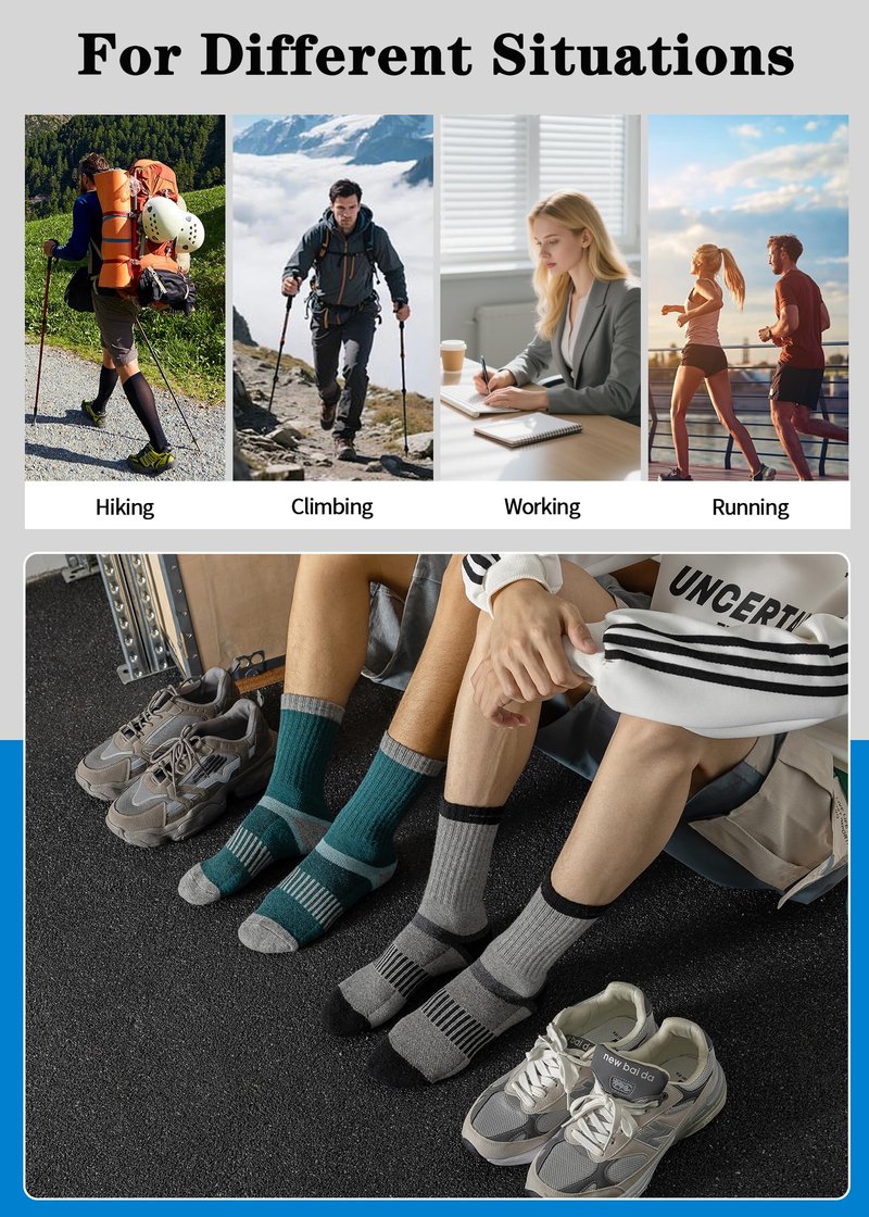 Men's Wool Crew Work Socks, 5 Pairs, Moisture Wicking Cushioned Boot Socks for Hiking, Running and Sports (US, Numeric, 10, 13, Regular, Regular, Net Mix)