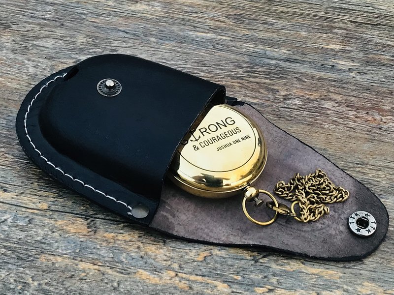 KNB HANDICRAFT Brass Engraved Pocket Compass with Leather Case | Be Strong and Courageous Gift Compass, Push Button 5 cm Confirmation Ideas, Baptism Gifts