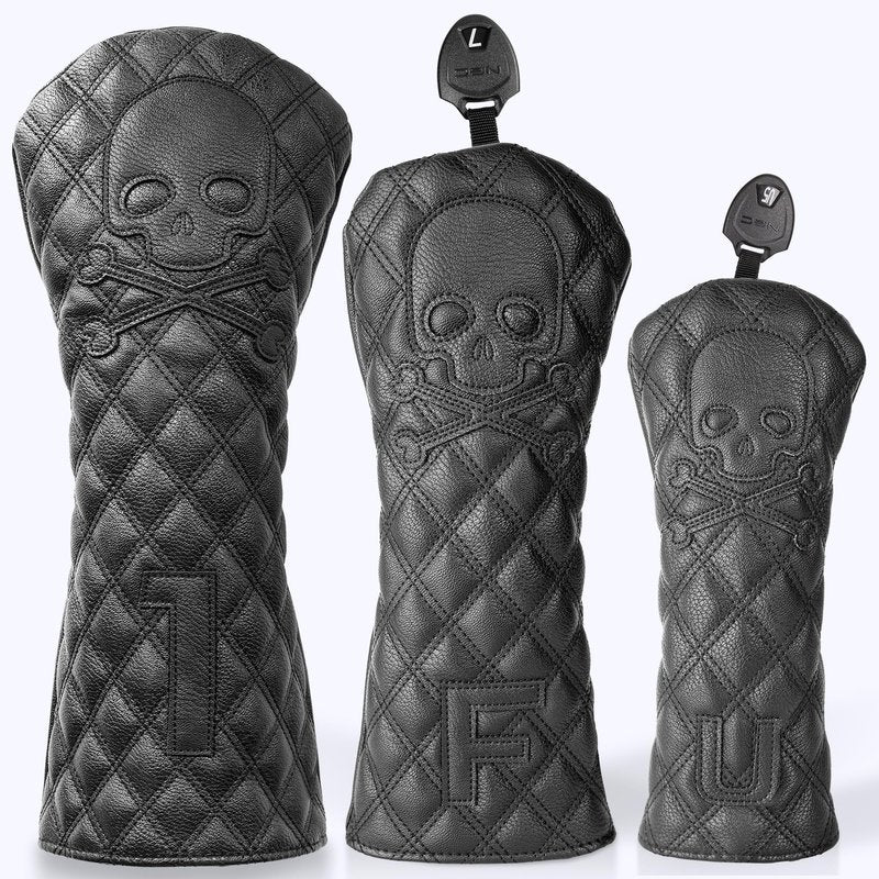 Golf Club Covers – Driver Headcover, Black Skull Leather, Fairway Wood & Hybrid, 3 Wood Headcover, Waterproof Easy-Clean, Universal Fit
