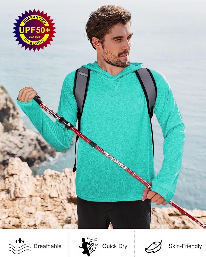 Men's UPF 50+ Fishing Shirt - Long Sleeve UV Sun Hoodie for Hiking, Running & Athletic Workouts