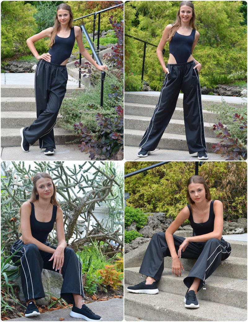 Springrain Womens Wide Leg Track Pants Slouchy Stripe Detail Jogger Sweatpants with Pockets(Navy-M)