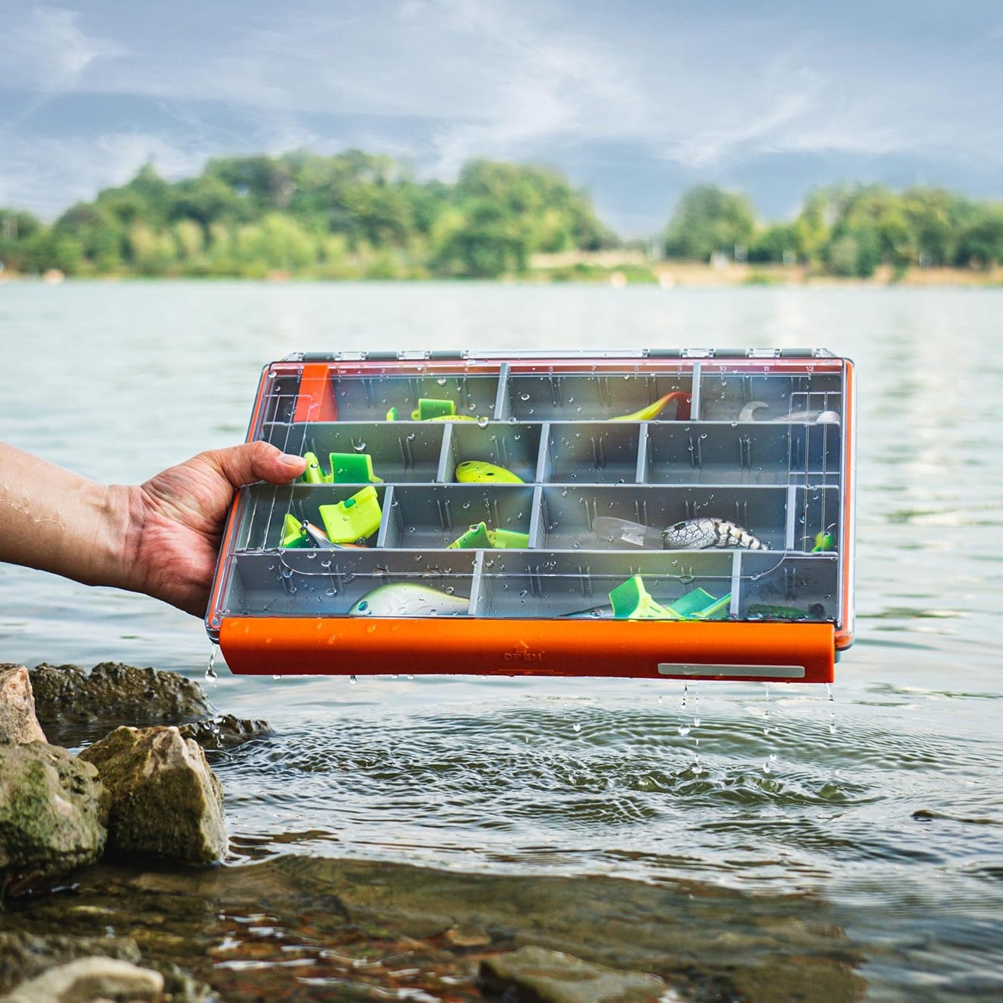 RUNCL Fishing Tackle Box - 360° Waterproof Organizer with Adjustable Dividers | 3600 Size, Orange, 1 Pack