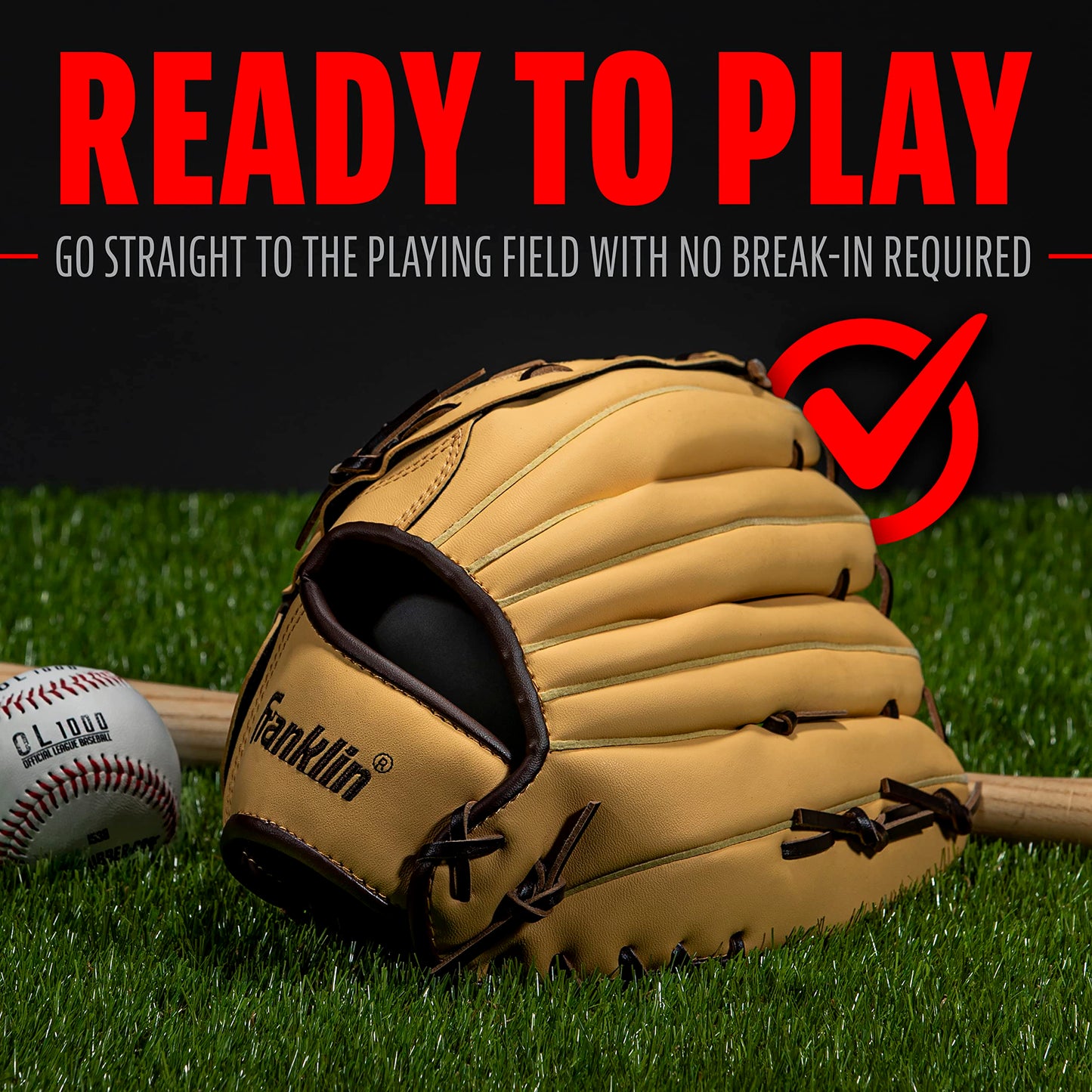 Franklin Sports Field Master Baseball and Softball Gloves for Adults, Youth, and Kids - Durable and Soft Synthetic Leather - Adjustable Fit - Left Hand Throw - 12.5" in. Outfield - Camel Brown
