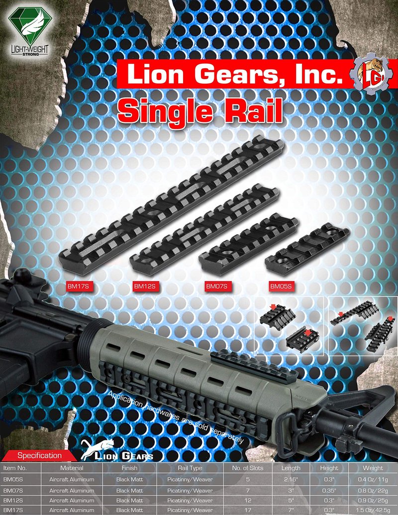 Lion Gears BridgeMount Rail Tactical Picatinny Rail, 5" Long with 12 Slots, BM12S Black