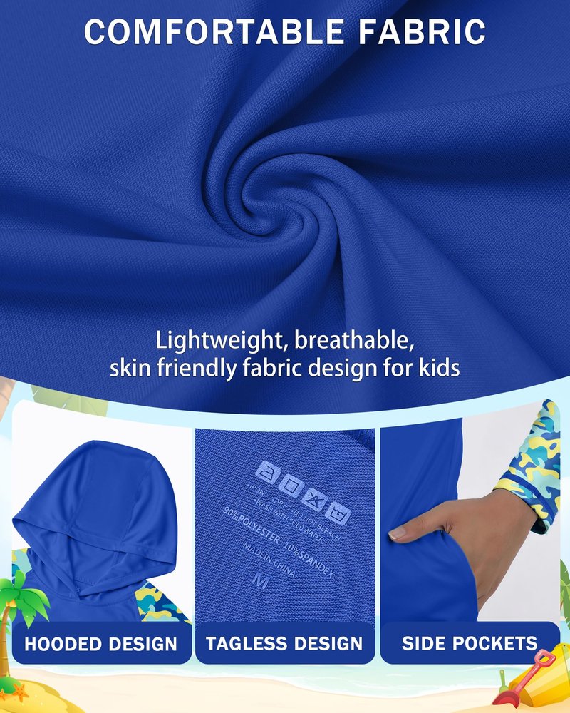 DRONIRING Boys Rash Guard Swim Hoodie, UPF 50+ UV Sun Protection Long Sleeve Fishing Shirt, Kids Youth SPF Water Shirts Cobalt Blue