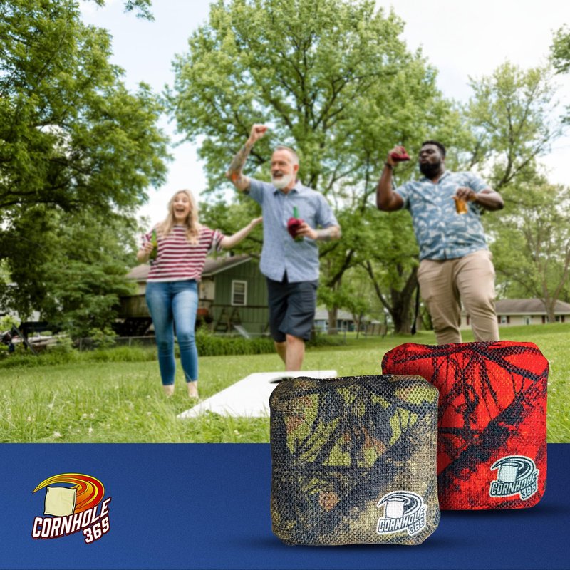 Cornhole365 Themed Cornhole Bags - 6"x6" All Weather Dual-Sided Slick & Stick - Plastic Resin Cornhole Bean Bag Filler & Suede - Dual Stitched for Sports Competition - Hunting Camo - Set of 8