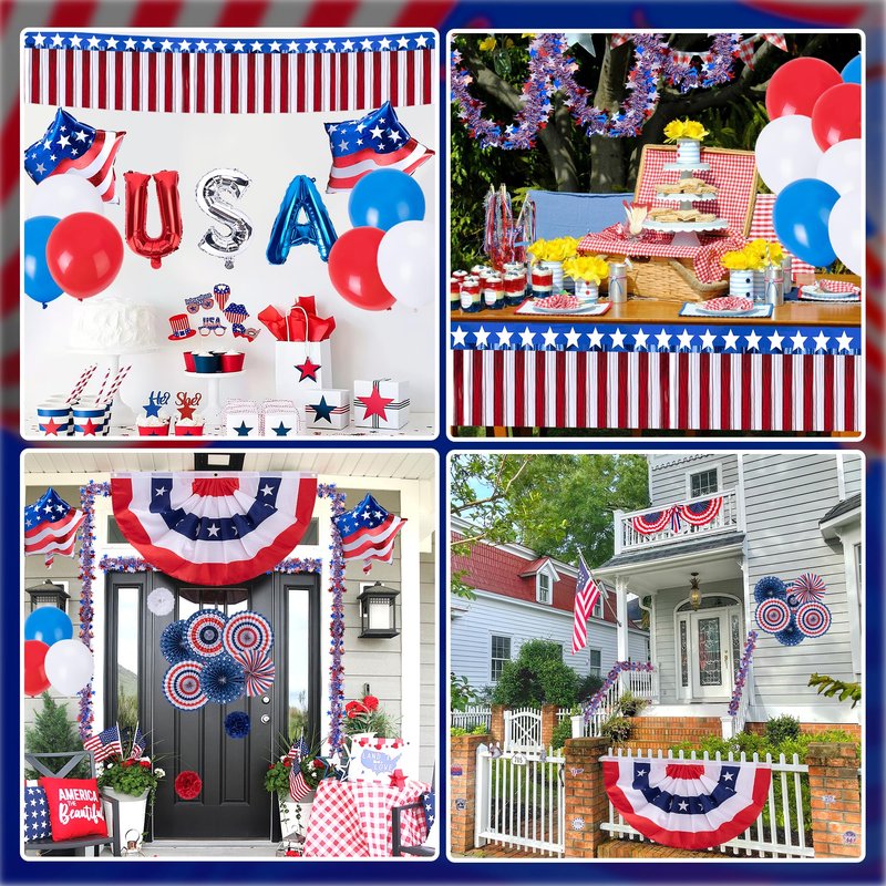 106 Pcs 4th of July Golf Cart Decorations Kit, Patriotic Parade Car Decoration, Red White Blue Tinsel Garlands, Pleated Fan Flag, Paper Fans, Pom Poms, Balloons for Independence Day Memorial Day