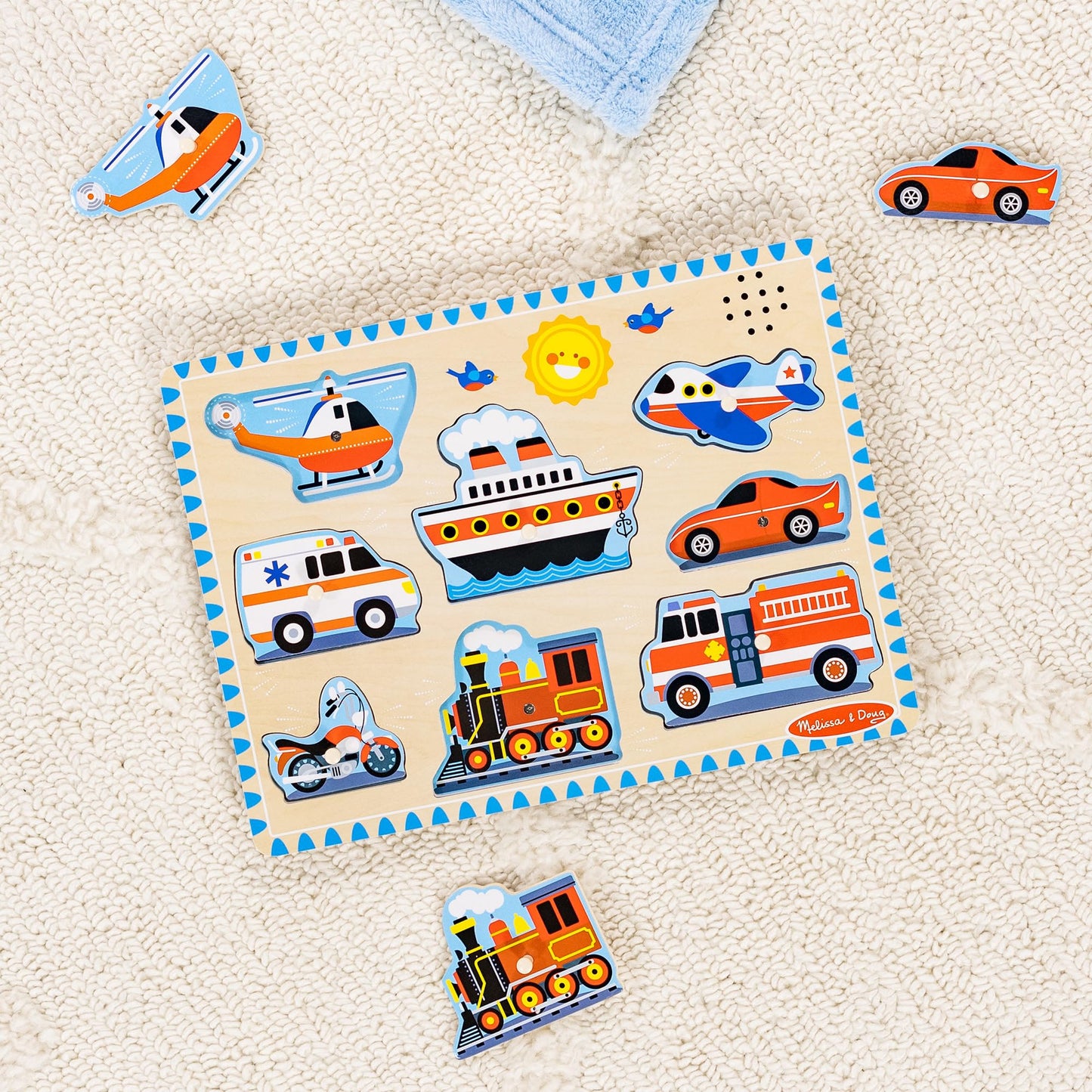 Melissa & Doug Vehicles Sound Puzzle - Wooden Peg Puzzle With Light-Activated Sound Effects (8 pcs) Puzzles for Toddlers, Wooden Puzzles For Kids Ages 2+