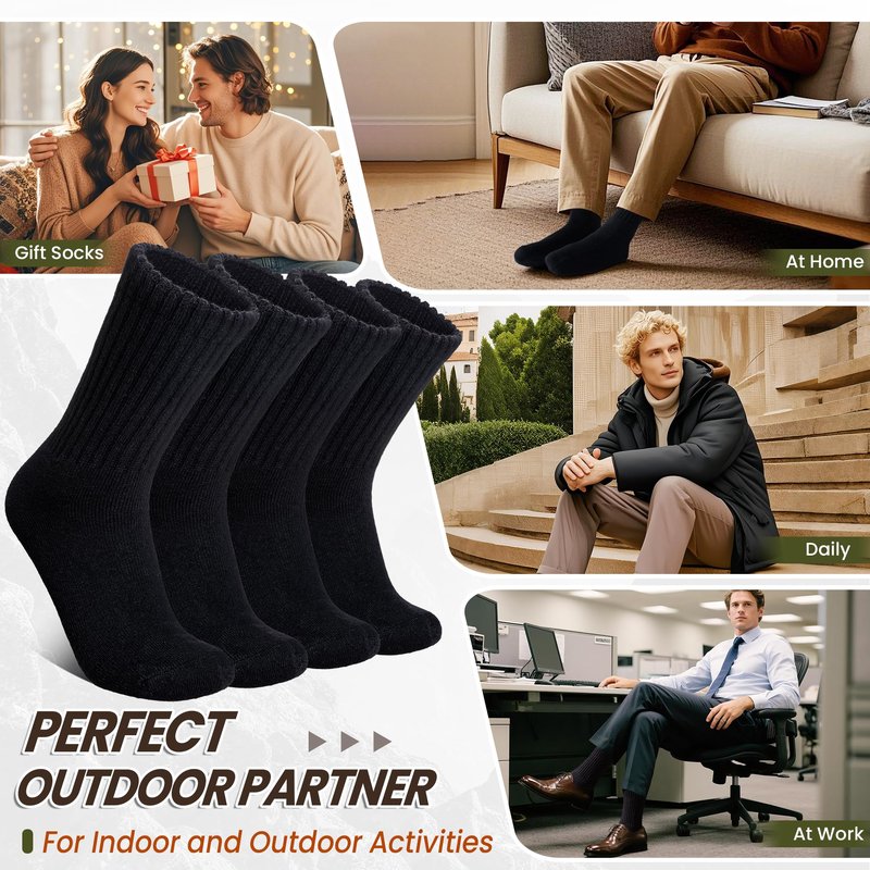 Eyean Men Merino Wool Socks Thermal Hiking Winter Ski Warm Thick Cozy Boot Socks 4 Pairs (Black)