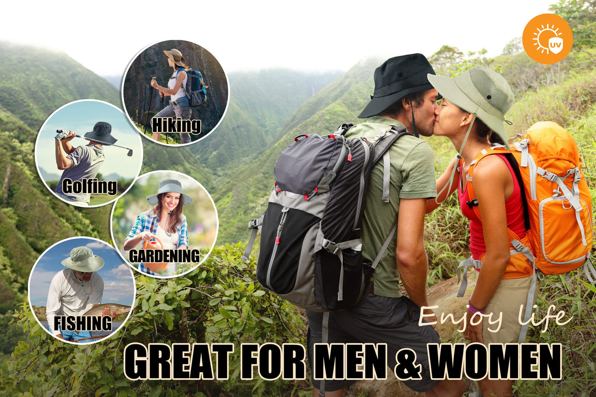Koreshion Mens Sun Hat Wide Brim Breathable Mesh UPF 50+ Bucket Hat Waterproof Fishing Hat Quick-Drying Safari Hat Foldable Boonie Cap Outdoor Sun Protection Cap Deep Gray