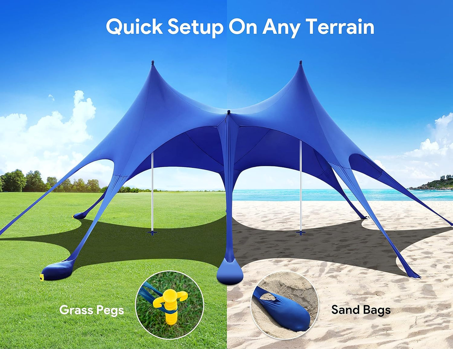 Beach Tent - 20 x 13ft Camping Sun Shelter with UPF50+ Protection | Includes 8 Sandbags, Shovels, Pegs & Stability Poles - Blue
